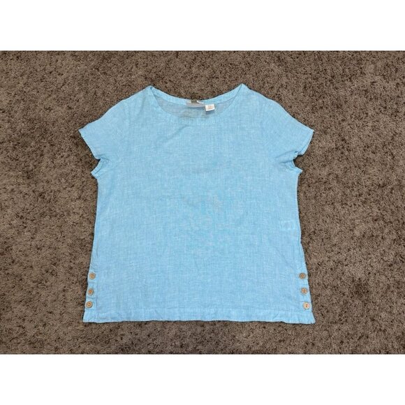 CYNTHIA ROWLEY Aqua Blue Woven 100% Linen Short Sleeve Top Side Buttons Beach M - Picture 1 of 6
